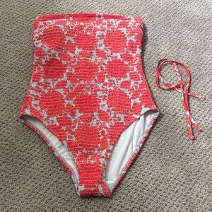 Boden Coral and Light Blue Smocked One-Piece Swimsuit size 8